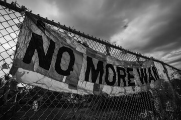 Antiwar banner on fence saying no more war in grayscale