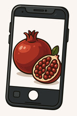 Smartphone taking a photo of a fresh pomegranate. Food photography concept vector illustration. Mobile phone camera capturing juicy fruit with seeds for social media or blog.