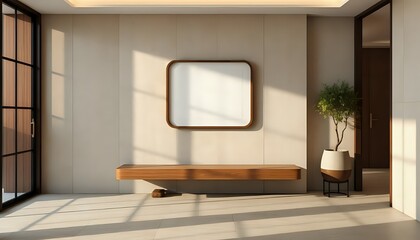 3d japandi hallway bench space with minimalist wood accents and geometric wall art in serene modern design
