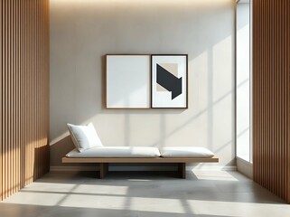 3d japandi hallway bench space with minimalist wood accents and geometric wall art in serene modern design