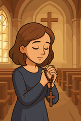 Christian woman praying in church with rosary. Catholic girl in prayer holding crucifix. Concept of faith, devotion, spirituality and religion. Worship and meditation. Cartoon vector.