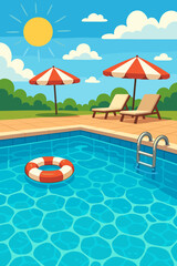 Swimming pool on a sunny summer day cartoon vector illustration. Background for vacation, holiday and travel concepts. Relaxing poolside scene with lounge chairs, umbrella and clear blue water.
