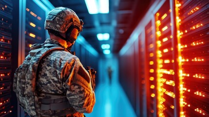 Obraz premium A soldier stands guard in a high-tech data center filled with servers, representing the intersection of security, technology, and military vigilance in a digital era.