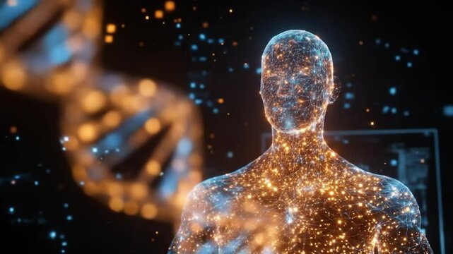 AI-generated digital video of genetic engineering with glowing DNA spiral and human silhouette made of digital particles.