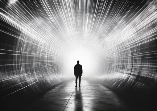 A solitary figure stands in a tunnel of light - Powered by Adobe