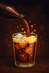 Pouring cola soda from a bottle into a glass with ice cubes. Refreshing fizzy carbonated drink with bubbles and foam. Cold beverage vector cartoon illustration for a party or menu.