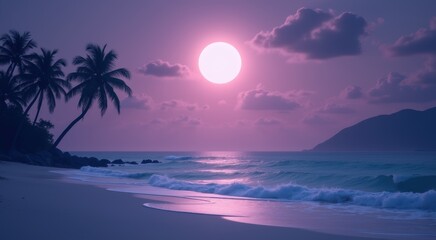 Purple sunset over the ocean with palm trees and waves