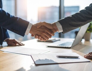 Accord professionnel entre deux collègues dans un bureau moderne – poignée de main et contrat signé