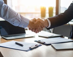 Accord professionnel entre deux coll&egrave;gues dans un bureau moderne &ndash; poign&eacute;e de main et contrat sign&eacute;
