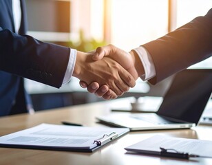 Accord professionnel entre deux collègues dans un bureau moderne – poignée de main et contrat signé