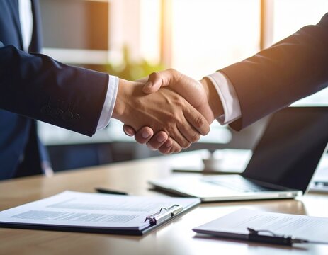 Accord professionnel entre deux coll&egrave;gues dans un bureau moderne &ndash; poign&eacute;e de main et contrat sign&eacute;
