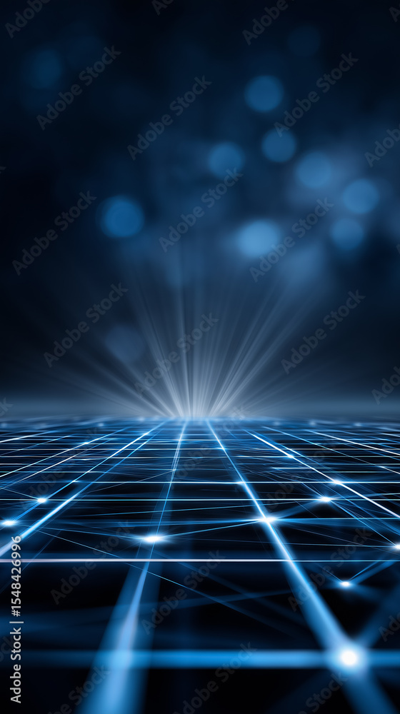 Poster blue grid background features rays of light expanding from a central point. dark setting creates dep