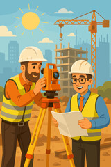Construction site surveyors using theodolite equipment, civil engineers in safety vests and helmets working on urban building project, crane, blueprint, city skyline, sunny day, vector illustration