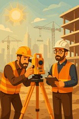 Urban construction surveyors engineers using theodolite equipment. Teamwork measuring land, planning building site. City skyline, cranes, safety helmets, project management, vector illustration