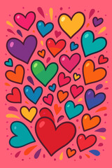 Colorful bursting hearts vector background. Happy cartoon heart pattern illustration. Multicolored love, joy, celebration, passion. Romantic Valentine’s Day card, decoration, seamless design