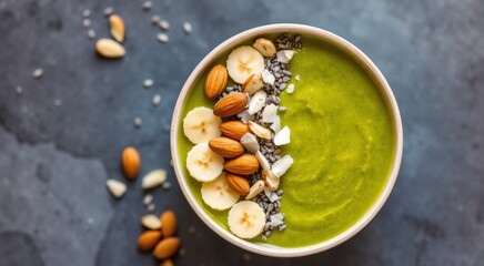 Bowl of green smoothie with bananas and nuts