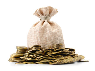 Bag and heap of coins isolated on white