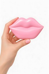 Fototapeta premium Hand holding a pink lip-shaped item against a light background in a bright indoor setting