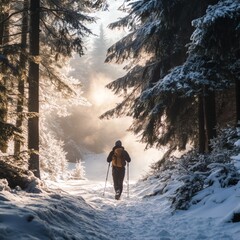 Adventurer Hiking Through Snow-Covered Woodland During a Winter Season Adventure
