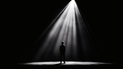 Figure Standing in a Beam of Light on a Dark Stage Looking Upwards