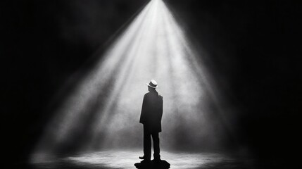 Man Wearing a Hat Standing Under a Spotlight in a Smoky Noir Setting