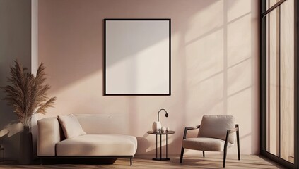 Modern living room with beige furniture and a blank canvas
