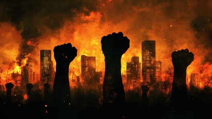 Silhouetted Fists Raised in Protest Against Burning City Skyline