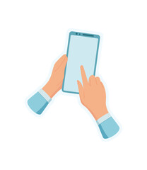 Sticker of hand holding phone. User holds smartphone with blank screen using touch gesture. Digital template illustrates app concepts for modern communication and user interaction.