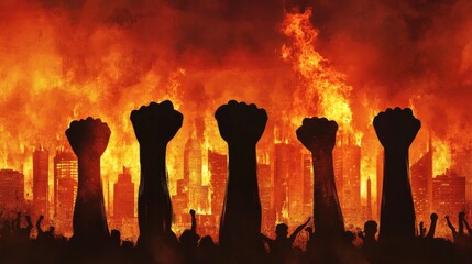 Silhouette of Raised Fists Against Burning Cityscape Representing Revolt and Civil Unrest