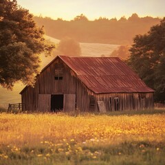 Vintage Wooden Barn with Rusty Roof in Meadow during Golden Hour
