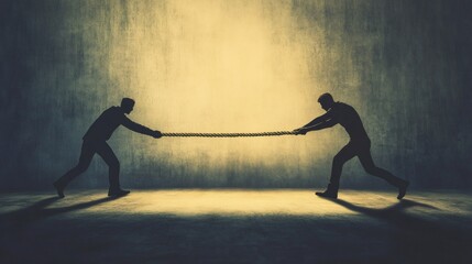 People Silhouettes Pulling a Rope in Tug of War Competition against Textured Wall