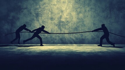 Silhouetted Figures Pulling Rope in Tug of War Against Textured Wall