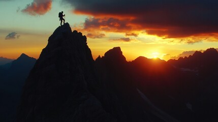 Silhouette of Hiker Reaching Mountain Peak at Vivid Golden Hour Sunrise