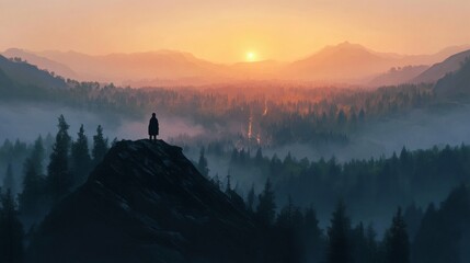 Solitary Figure Overlooking Mountainous Vista at Sunrise with Foggy Forest