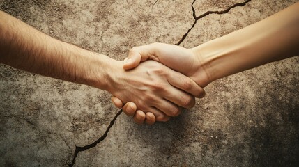 Firm Handshake Between Two People Against Cracked Surface