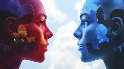 Confrontation Featuring Two Facing Heads Rendered in Red and Blue Tone
