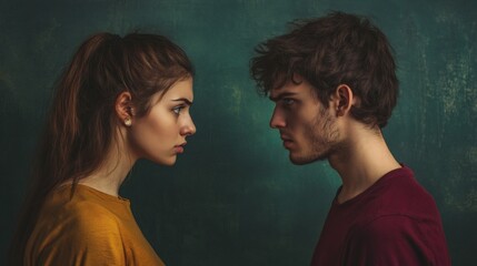 Young Couple Facing Each Other in Profile Against Green Background