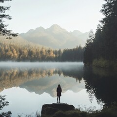 Solitary figure standing on rock gazing at lake reflecting misty mountains and trees