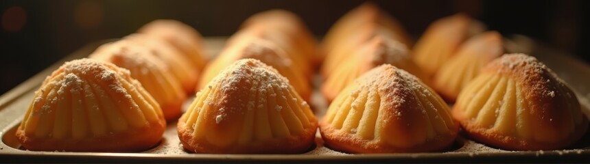 A close up of a tray of pastry with powdered sugar on top