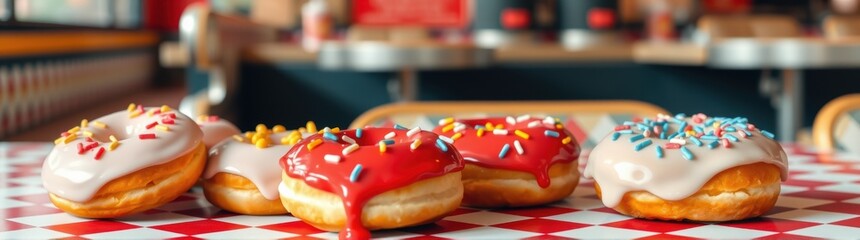 Several donuts with white icing and sprinkles on a table