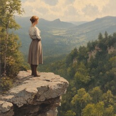 Woman Contemplating a Panoramic Mountain View from a Rocky Cliff Edge