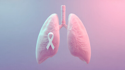 Realistic Lungs with White Cancer Awareness Ribbon on Soft Pink Background for Lung Health Campaign