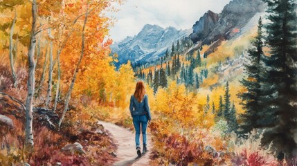 Back View of Woman Walking Hiking Trail in Vivid Autumn Mountain Landscape