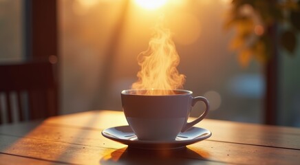 Cup of coffee on a table with a sun shining through the window