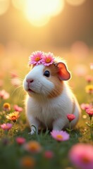 Small white and brown guinea with a flower crown on its head