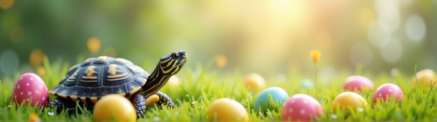 Turtle that is sitting in the grass with eggs