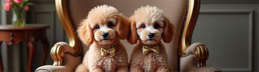 Two poodles dogs sitting on a chair with a gold bow tie