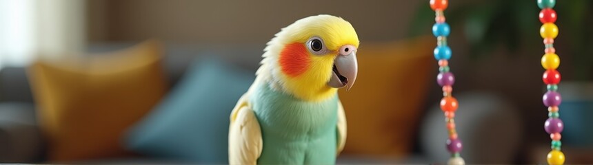 Brightly colored parrot sitting on a table with beads hanging from it ' s neck