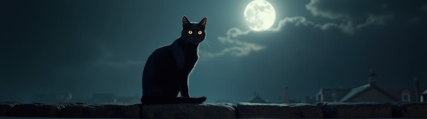 Black cat sitting on a ledge in the moonlight