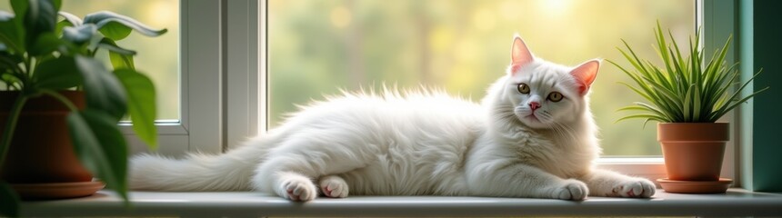 White cat laying on a window sill next to a potted plant